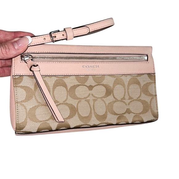 NWOT Coach Wristlet C Brand Logo Tan Pastel Pink Canvas - Picture 1 of 7